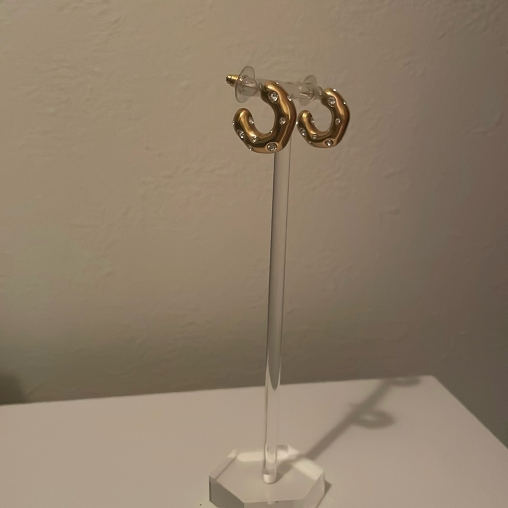 Funky Gold Huggie Earrings with Crystal Embellishments